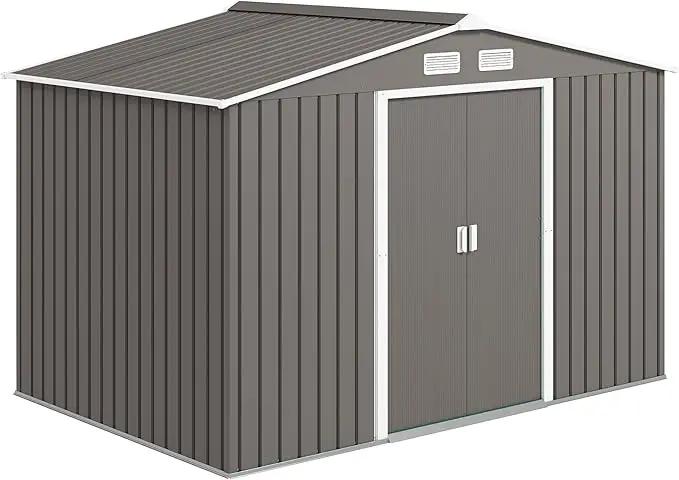 Outsunny 9' x 6' Outdoor Storage Shed, Garden Tool Metal Shed with Foundation Kit, Double Lockable Door, Air Vents and Sloping Roof, for Backyard, Patio, Lawn, Gray by GreenHaven Gardens