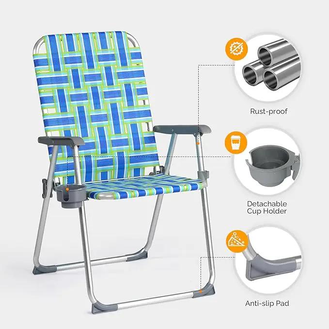 VINGLI Aluminum Patio Lawn Chairs Folding Set of 2 with Detachable Cup Holder, Webbed Beach Chair Folding Chair Outdoor Portable Camping Chair for Yard, Garden Blue alulawnchair by GreenHaven Gardens