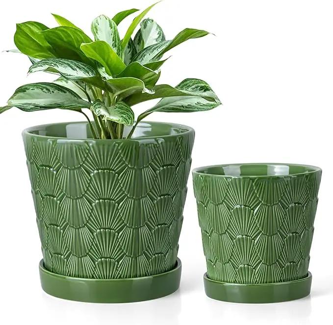 EFISPSS 5+6 Inch Plant Pot, Ceramic Pots for Plants with Drainage, Flower Pots Indoor Pots for Plants, Modern Flower Pots for Home and Office Windowsill Decoration Gift Set of 2 - Patina by GreenHaven Gardens