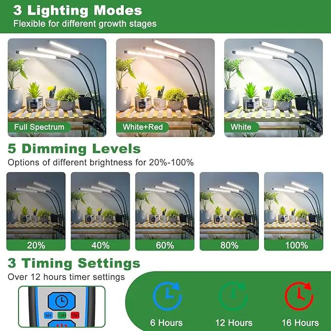 Wolezek Grow Lights for Indoor Plants Full Spectrum, 6000K 3 Head Plant Lights Indoor, LED White Plant Grow Lamp with Clip, Auto ON & Off Timer 6/12/16H, 3 Light Modes, 5 Level Dimmable Brightness by GreenHaven Gardens