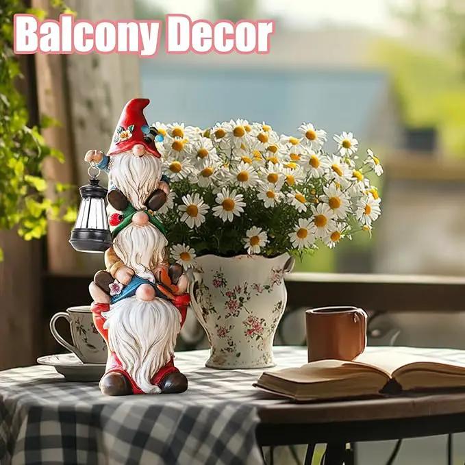 Garden Gnome Statue with Solar Lights Large Garden Sculptures Funny Triple Gnome Outdoor Patio Lawn Yard Balcony Garden Home Decor Gifts for Women Mom 12 in Spring Summer Gnomes Outdoor by GreenHaven Gardens