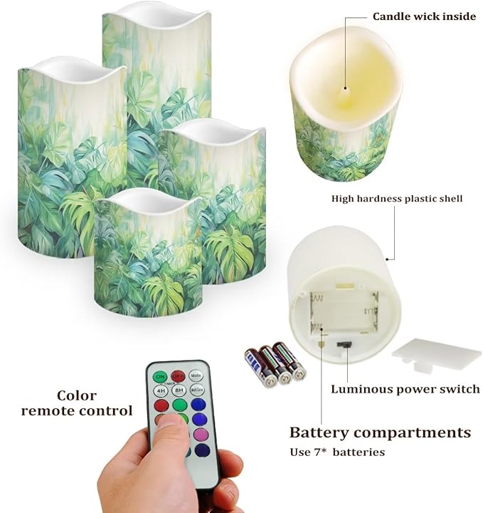 Ystardream Tropical Leaf Flameless Candles with Remote Battery Operated Candles Realistic LED Candles with Remote and Timer Set of 4 for Home Wedding Birthday Decorations by GreenHaven Gardens