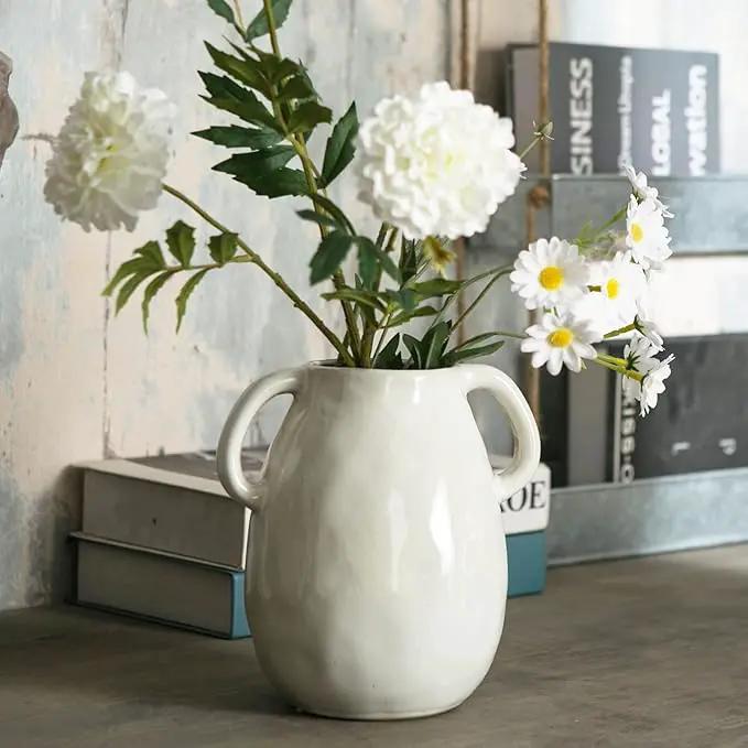 White Ceramic Vase with 2 Handles, Modern Farmhouse Decor, Rustic Terracotta Pottery, Decorative Flower Vases, Clay Small Vase, Centerpiece for Dining Table - 7 Inch Tall by GreenHaven Gardens