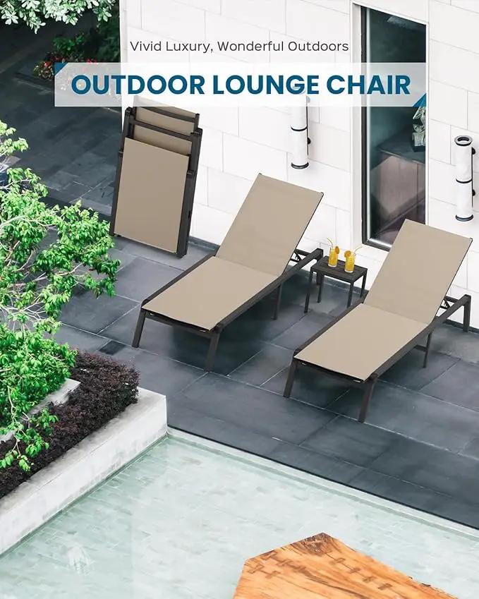 Chaise Lounge Outdoor, Foldable Aluminum Pool Lounge Chairs with 5 Positions Recliner - Free Assembly - Patio Chaise Lounge Chair for Poolside, Beach, Yard (Khaki) by GreenHaven Gardens
