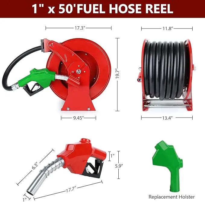 Fuel Hose Reel with Fueling Nozzle, 1" x 50FT Retractable Diesel Hose Reel, 300 PSI Industrial Heavy Duty Auto Swivel Rewind Hose Holder Reels, for Vehicle Tank Truck Trailer Ship by GreenHaven Gardens