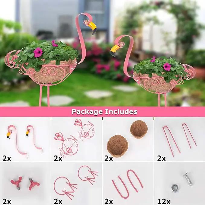 Set of 2 Pink Metal Flamingo Planters with Basket for Indoor Outdoor Garden Yard Decor by GreenHaven Gardens