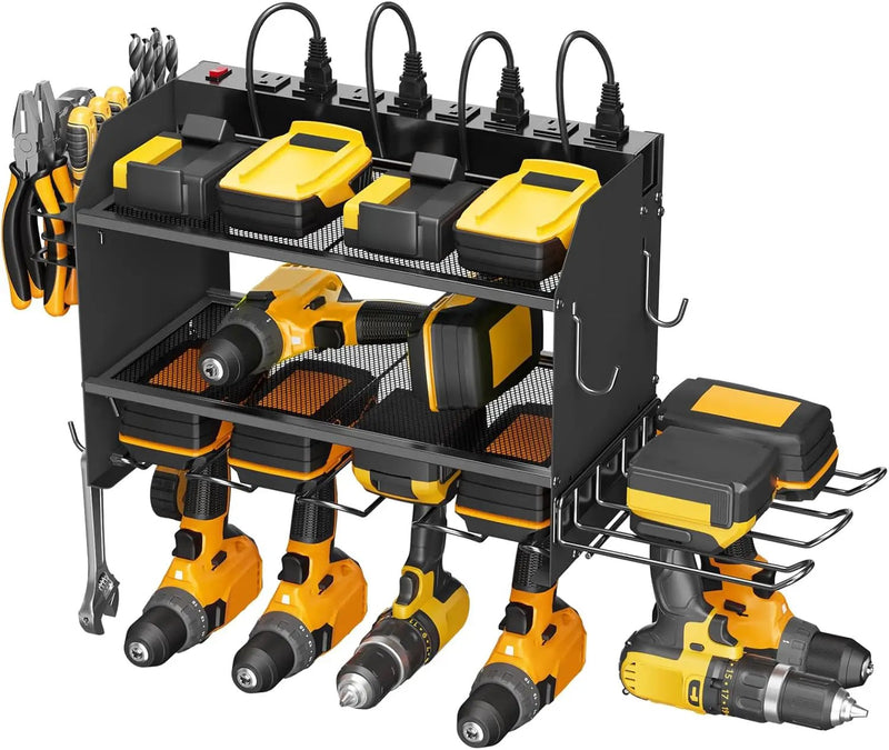 CCCEI Modular Power Tool Organizer Wall Mount Charging Station, Black 6 Drills Holder with 8 Plug Power Strip, Garage Drill Battery Heavy Duty Metal Shelf, Utility Rack with Hooks, Side Storage. by GreenHaven Gardens