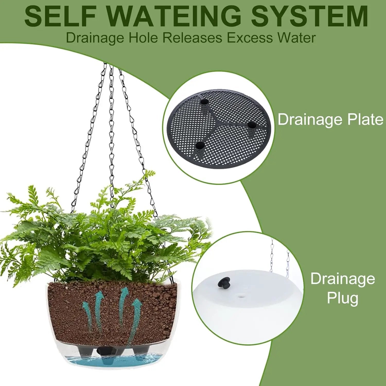 2 Packs Solar Hanging Basket Planters for Plants Outdoor, Self Watering White Flower Plants Pots with Solar Light Drainer for Balcony Patio Garden Outdoor Decoration by GreenHaven Gardens