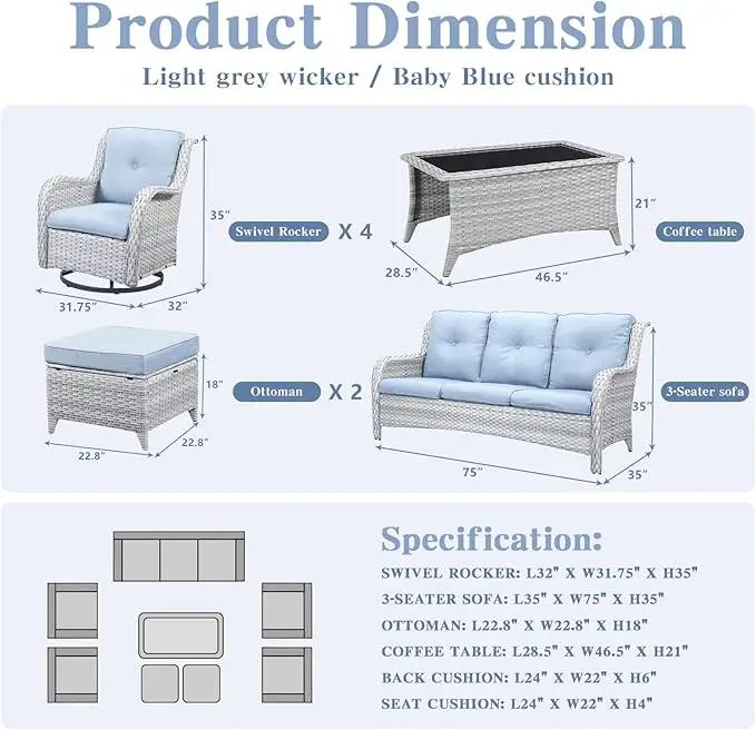 Wicker Patio Furniture Sets - 8 Piece Outdoor Rattan Furniture Conversation Sets with 4 Swivel Rocker Chairs, Rattan Sofa, Wicker Ottomans and Coffee Table, Light Grey/Baby Blue by GreenHaven Gardens