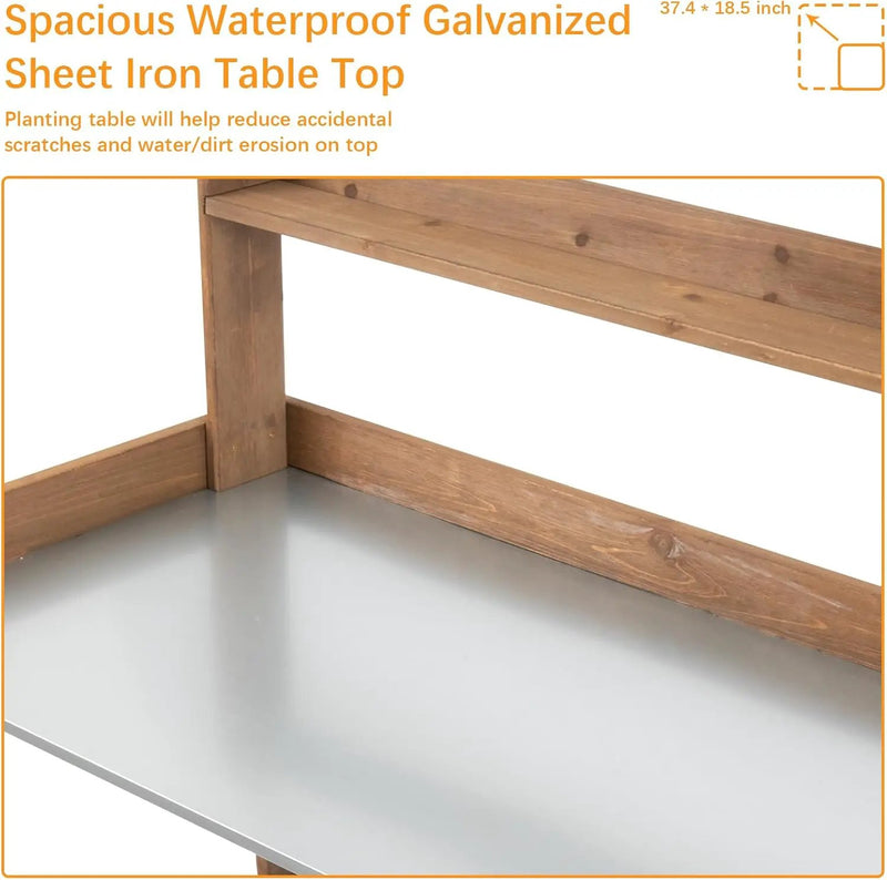 Folding Potting Bench Table,Outdoor Potting Bench Garden Wooden Potting Table,Fir Wood Workstation Planting Table with Galvanized Tabletop,2 Tier Storage Shelves,Top Shelf(Brown) by GreenHaven Gardens