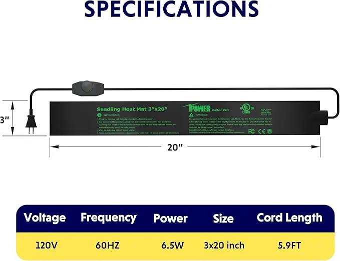 iPower 3" x 20" Seeding Heat Mat with Temperature Adjustable Knob and Thermometer, Durable Warm Hydroponic Plant Germination Starting Pad by GreenHaven Gardens