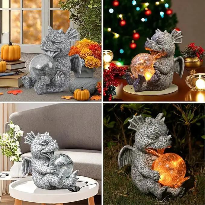 Solar Dragon Outdoor Statue Cute Baby Dragon Holding Glowing Glass Orb Resin Garden Decoration for Porch Patio Lawn Yard Perfect Housewarming Gift by GreenHaven Gardens