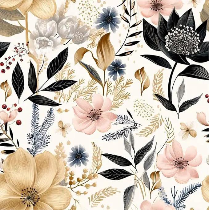 White/Pink/Gold Floral Garden Black Blue Flowers Vintage Peel and Stick Wallpaper Self Adhesive Removable Easy Peel Off Contact Paper Stick on Wall Paper for Bedroom Cabinet Renter Friendly by GreenHaven Gardens