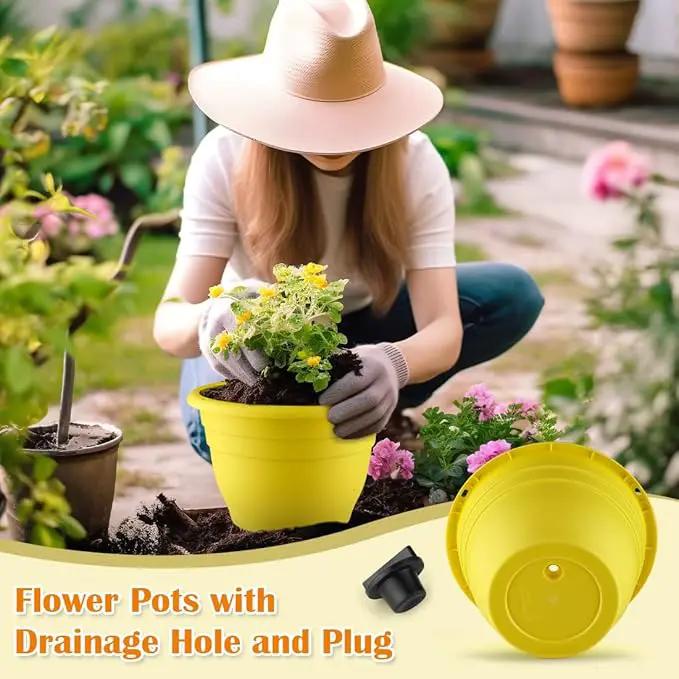 Plant Pots Set of 3, 11 Inch Round Flower Pots, Thickened Plant Planters with Drainage Holes, Garden Pots for Indoor Outdoor, （3 Pack, Yellow by GreenHaven Gardens