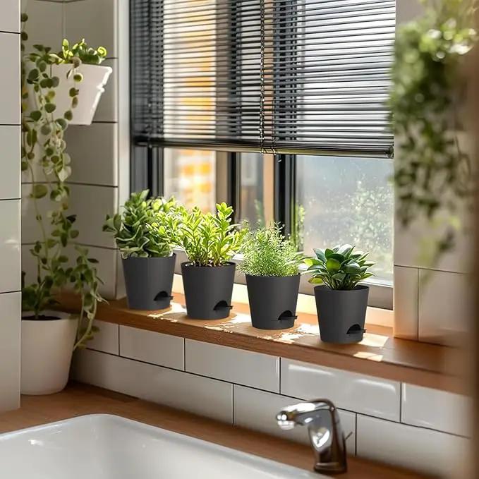 4 inch Self Watering Pots for Indoor Outdoor Plants, 6 Pack Plastic Flower Planters with Drainage Holes and Removable Saucers, Plant Pots with Wicking Rope, Modern Decor, Black by GreenHaven Gardens