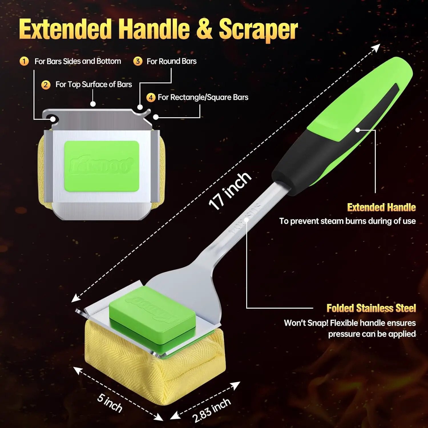 Grill Brush Bristle Free for Outdoor Grill, Steam Grill Cleaning Brush Replaceable BBQ Cleaner Brush Head,Extended Handle, Safe Grill Brush with Scraper for Cast Iron Stainless-Steel Grates, Green by GreenHaven Gardens