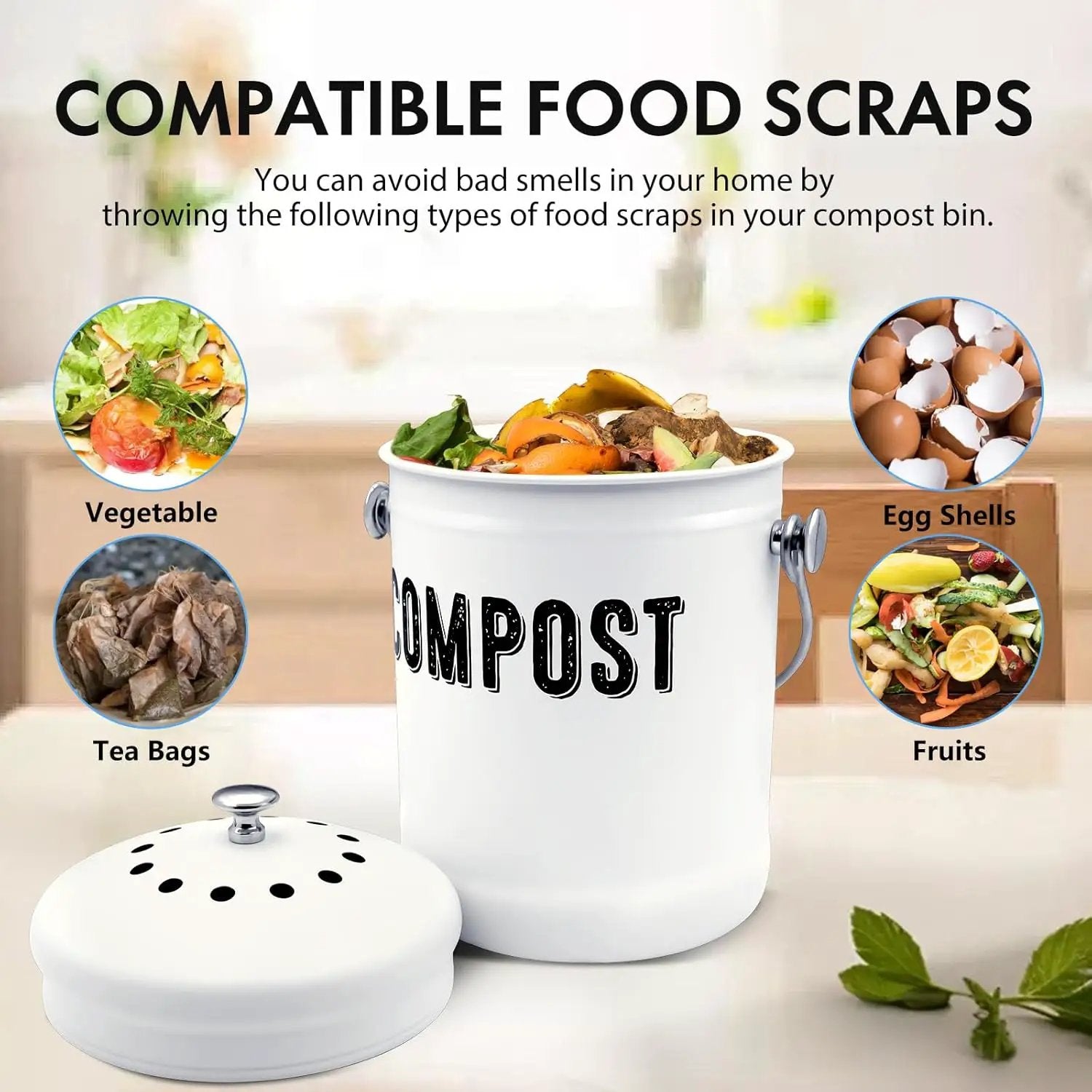 Compost Bin Kitchen, ENLOY Countertop Compost Bin with Lid Use for Kitchen Food Waste, Powder Coated Rust Proof Odorless Compost Bucket, 1.3 Gallon, White by GreenHaven Gardens
