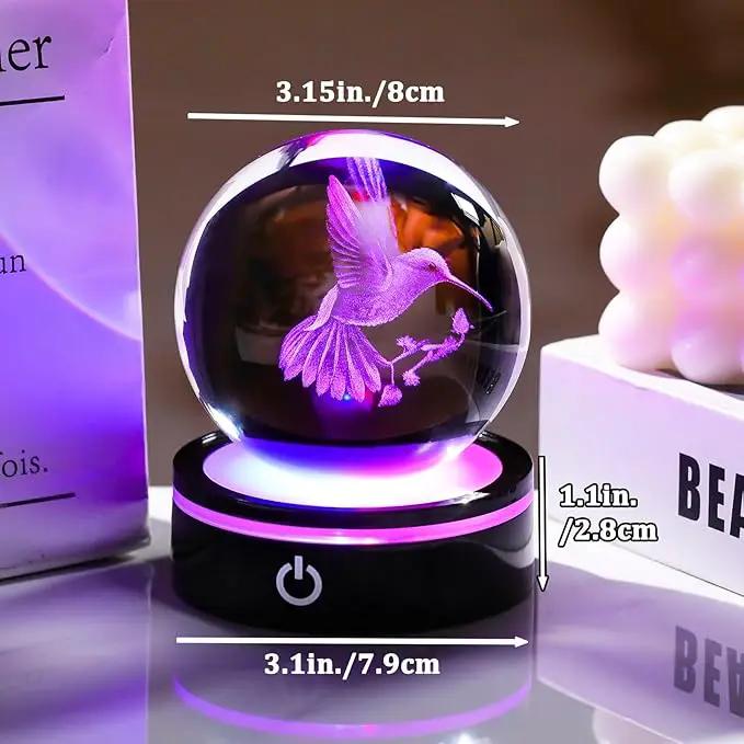 YWHL 3D Crystal Ball Hummingbird Figurine with LED Base, Hummingbird Gifts for Women Men Hummingbird Lovers on Christmas Birthday, Hummingbird Ornament Glass Decorative Ball for Home Decor (80mm) by GreenHaven Gardens