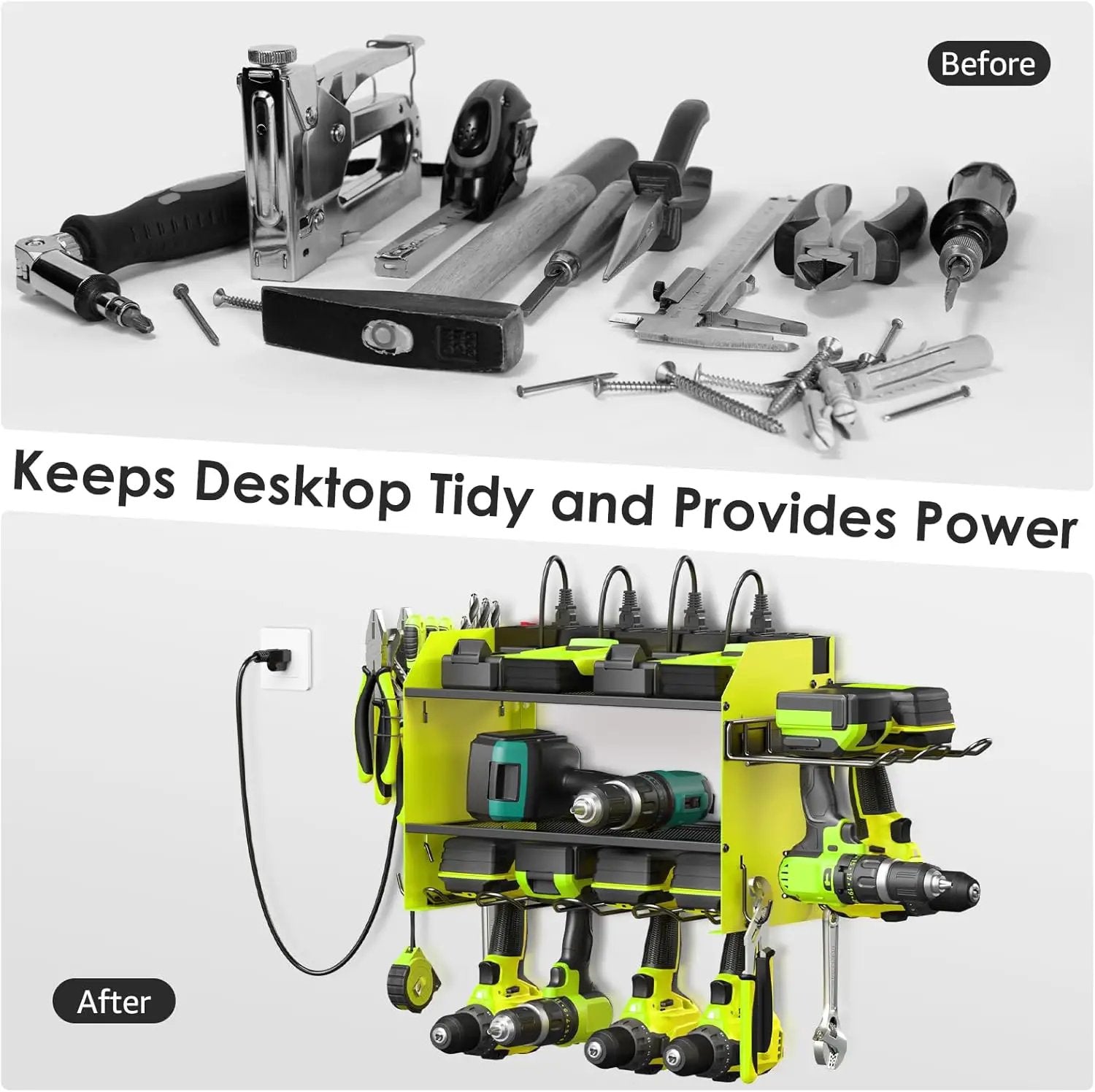 CCCEI Modular Power Tool Organizer Wall Mount Charging Station, Green 6 Drills Holder with 8 Plug Power Strip 6FT, Garage Drill Battery Heavy Duty Metal Shelf, Utility Rack with Hooks, Side Storage. by GreenHaven Gardens