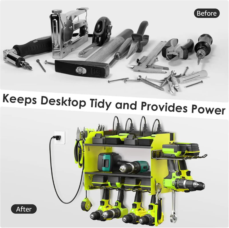 CCCEI Modular Power Tool Organizer Wall Mount Charging Station, Green 6 Drills Holder with 8 Plug Power Strip 6FT, Garage Drill Battery Heavy Duty Metal Shelf, Utility Rack with Hooks, Side Storage. by GreenHaven Gardens