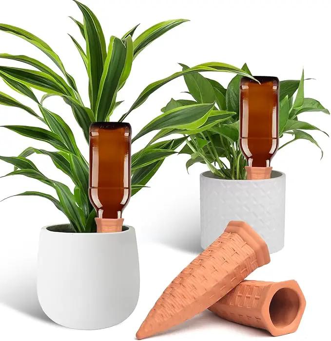 Plant Self Watering Stakes 4 Pack Terracotta Watering Spikes for Indoor and Outdoor Plants,Wine Bottle Plant Watering Devices, Automatic Plant Waterers for Vacation by GreenHaven Gardens