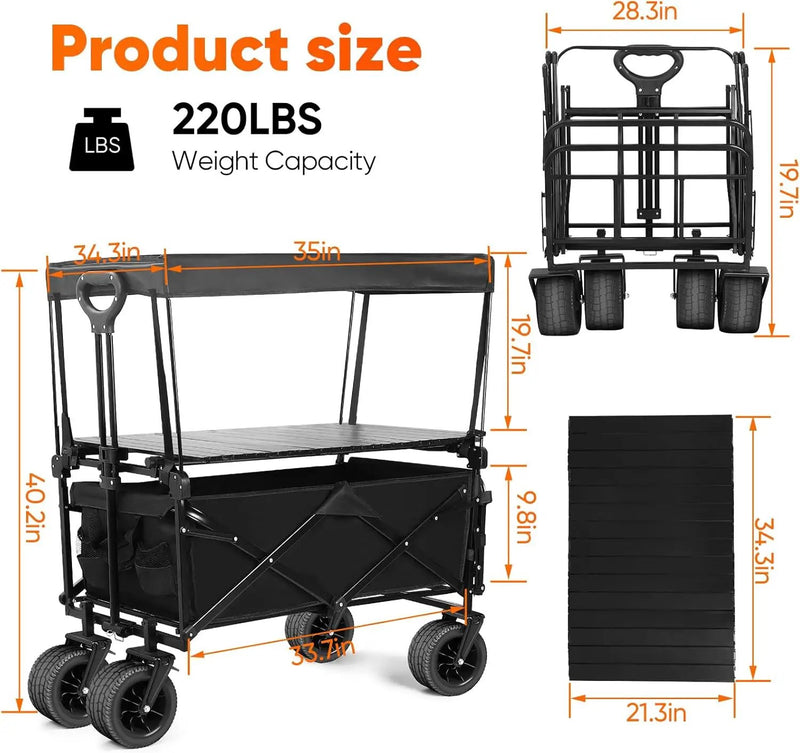Collapsible Wagon with Table and Canopy, Large Capacity Wagons Carts, Beach Wagon with Big Wheels, Heavy Duty Beach Car Utility Wagon for Outdoor Park, Shopping, Sports, Camping, Garden by GreenHaven Gardens