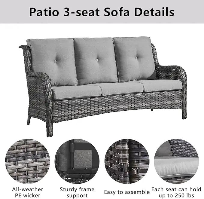 Outdoor Wicker Furniture Patio Set - 7 Piece Backyard Furniture Grey Rattan Conversation Sets with Swivel Rocker Chairs, Rattan Sofa, Club Chairs and Coffee Table, Grey Cushion by GreenHaven Gardens