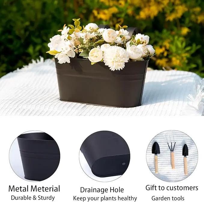 5 Pack Metal Hanging Flower Pots for Railing Fence，Outdoor Balcony Rail Planter with Garden Tools Detachable Hooks Drainage Holes for Deck Garden Home Decor Black by GreenHaven Gardens