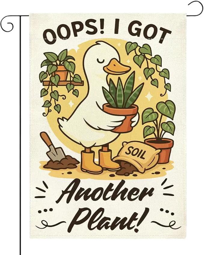 Funny Silly Goose Garden Flag Oops I Got Another Plant Lover Gift Outdoor Decorations Small Double Sided Burlap art Stained Glass Style Garden Flags 12 x 18 Inch for Outside by GreenHaven Gardens