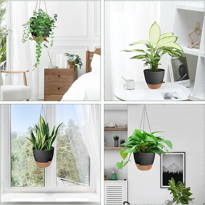 Hanging Planters for Indoor Outdoor Plants, 2 Pack Self Watering Hanging Pot with Drainage Holes & Removable Tray (Black, 6'') by GreenHaven Gardens