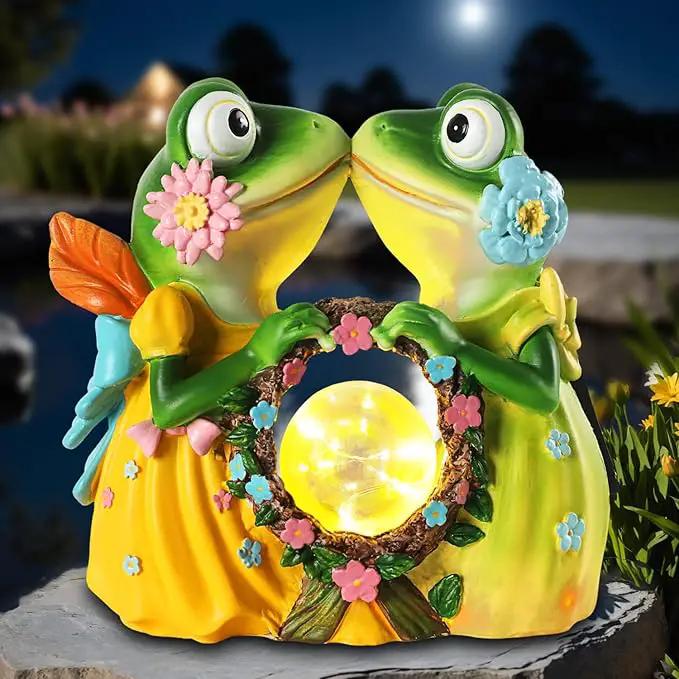 Solar Garden Decor Statue 6.5" Resin Kissing Frog Figurines with Glass Ball Waterproof Frog Decor for Outside Yard Patio Porch Decoration Gift for Mom Grandma Wife by GreenHaven Gardens