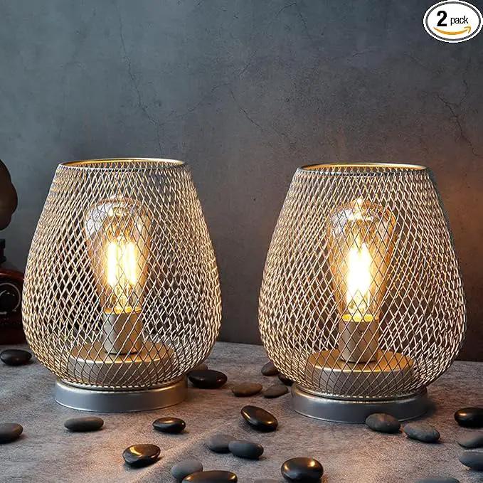JHY DESIGN Set of 2 Metal Cage LED Lantern Battery Powered Cordless Accent Light with LED Great for Weddings Parties Patio Events for Indoors Outdoors(Silver) by GreenHaven Gardens