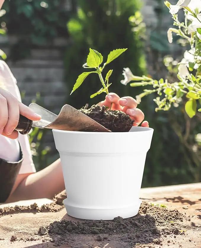 Homenote Pots for Plants, 15 Pack 6 Inch Plastic Planters with Multiple Drainage Holes and Trays,Plant Pots for All Home Garden Flowers Succulents (White) by GreenHaven Gardens