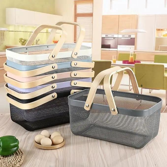 Portable Mesh Harvest Basket - Natural Bamboo Handle Foldable Organizer for Kitchen, Garden & Picnic | Ventilated Storage Bin with Rust-Proof Wire, Space-Saving Farmhouse Decor (Lemon Yellow) by GreenHaven Gardens