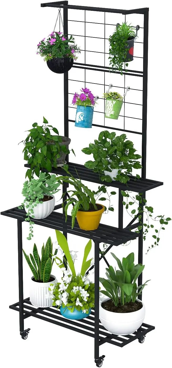 Zhongma 3 Tier Heavy Duty Plant Stand with Hanging Plant pot shelf with wheels, 35.43 L x 18.11 W x 81.1H multi layer plant Holder for Home, Garden, Plant Lovers,Metal Storage Rack Shelf/Freestanding by GreenHaven Gardens