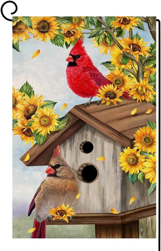 BLKWHT Summer Sunflowers Cardinal Bird Garden Flag 12x18 Vertical Double Sided Yellow Flowers Spring Farmhouse Holiday Outside Decorations Burlap Yard Flag BW815 by GreenHaven Gardens