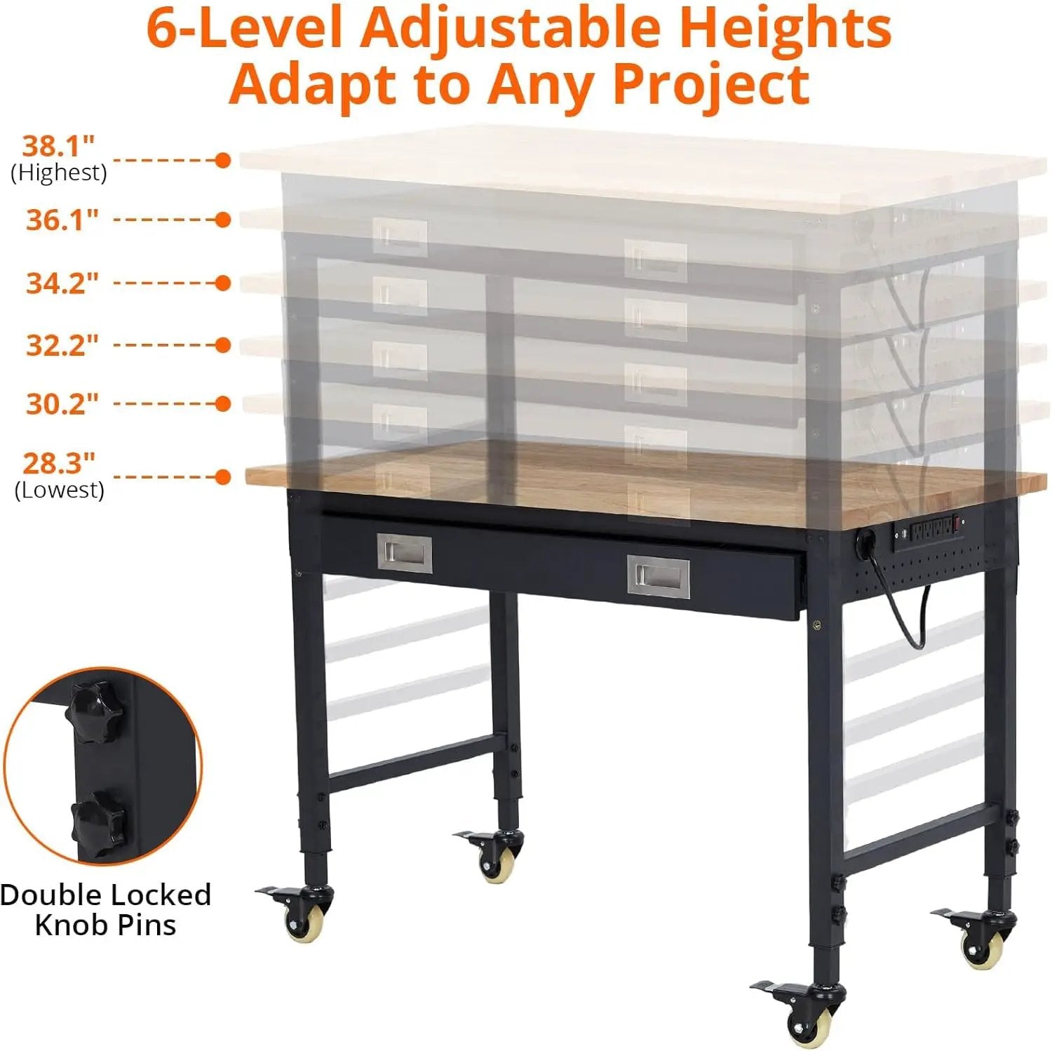 48x24 Inch Heavy-Duty Adjustable Workbench with Rubber Wood Top – 2000LB Capacity Mobile Garage Workstation with Drawer&Backplate, Ideal for Workshop, DIY & Tool Storage by GreenHaven Gardens