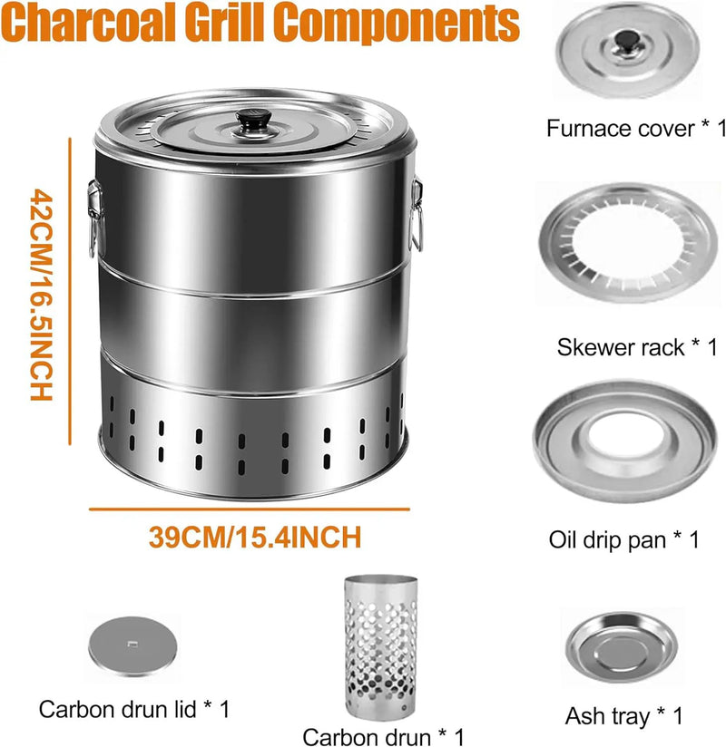 Stainless Steel Smokeless Barbecue Surround Charcoal Grill, Portable kebabs Charcoal Grill with Grilling Accessories Set, Diameter 15.4 inch/28 Kabob Skewer by GreenHaven Gardens