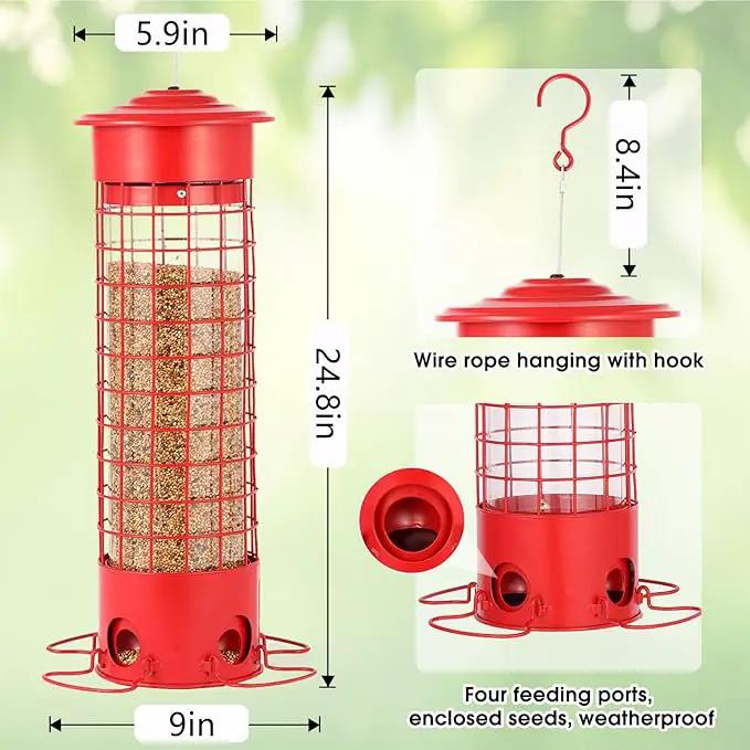 Squirrel Proof Bird Feeder for Outdoors, Weatherproof Metal Feeder, 4.5 lb Large Capacity, Weight-Activated Perches, Hanging Feeder for Cardinals, Finches, Wild Birds, Red by GreenHaven Gardens
