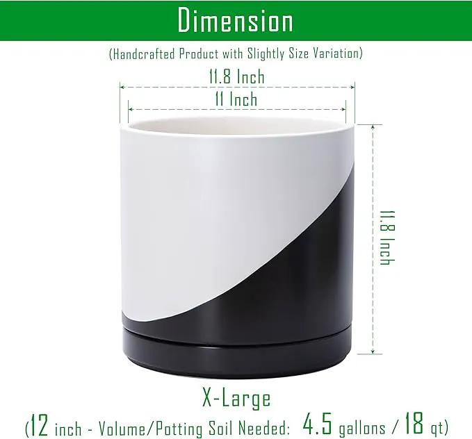 D'vine Dev 12 Inch Ceramic Planter Pot with Drainage Hole and Saucer, Indoor Cylinder Round Planter Pot, Oblique Monochrome Black and White, 94-O-F-K by GreenHaven Gardens