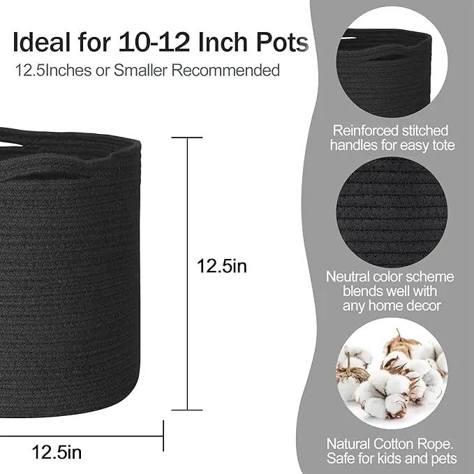 Cotton Rope Plant Basket, Woven Basket Planter for 11 inch Pot, Round Indoor Tree Pot Cover, Storage Bin Organizer, Modern Basket for Plants and Home Decor, 12.5”X12.5”, Black by GreenHaven Gardens