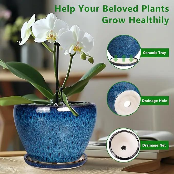 10 Inch Ceramic Planter Pot, Ceramic Plant Pot for Indoor Outdoor Plants, Large Flower Pot with Drainage Hole and Saucer, Blue by GreenHaven Gardens
