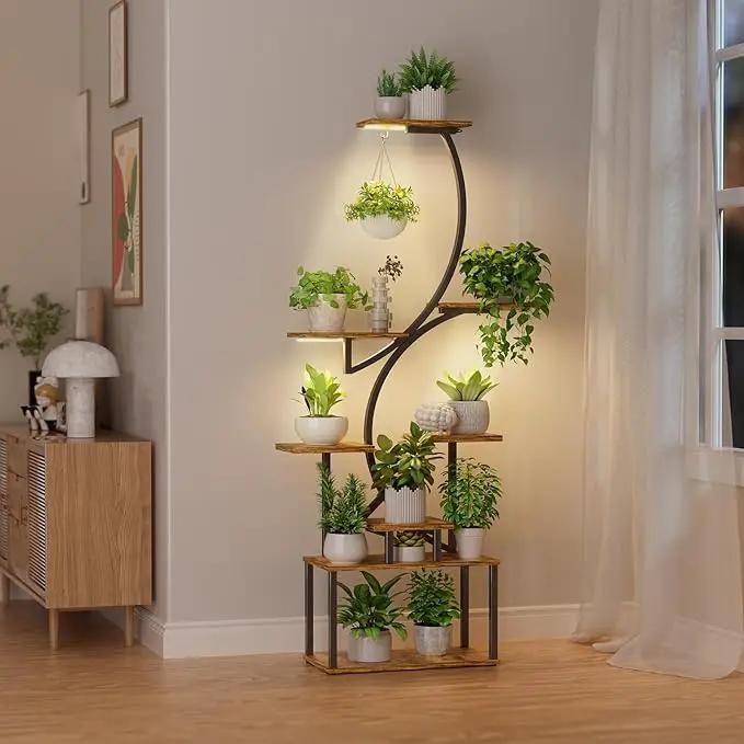 Simple Trending Plant Stand Indoor with Grow Lights, Heavy Duty 8 Tier Tall Plant Shelf for Plants Multiple, Metal Wood Plant Shelves Plant Display Holder for Garden, Black by GreenHaven Gardens
