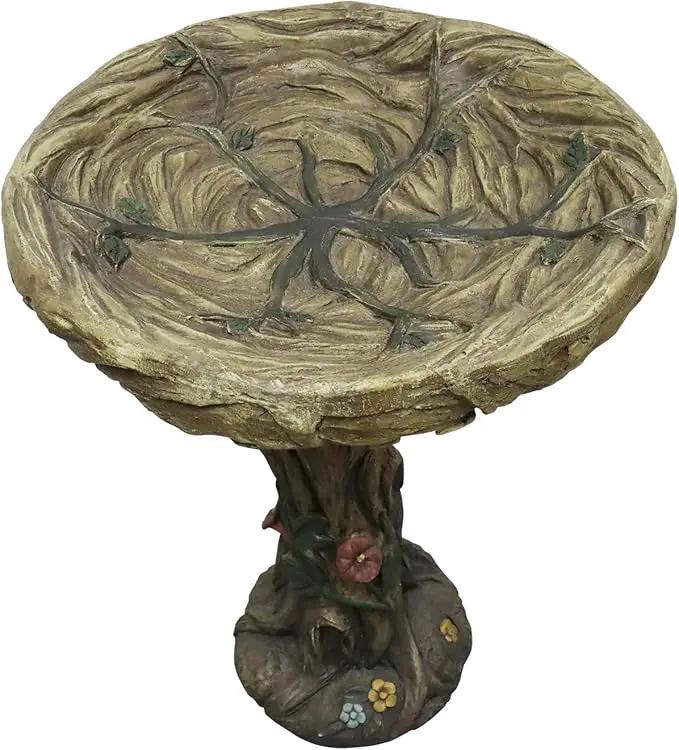 SunJet 25.5 Inch Heigh Wood-Look Concrete Bird Bath with Decorative Faux Bird – birdbath Rustic & Long-Lasting Design, Enhances Garden, Patio, Yard, Lawn Décor by GreenHaven Gardens