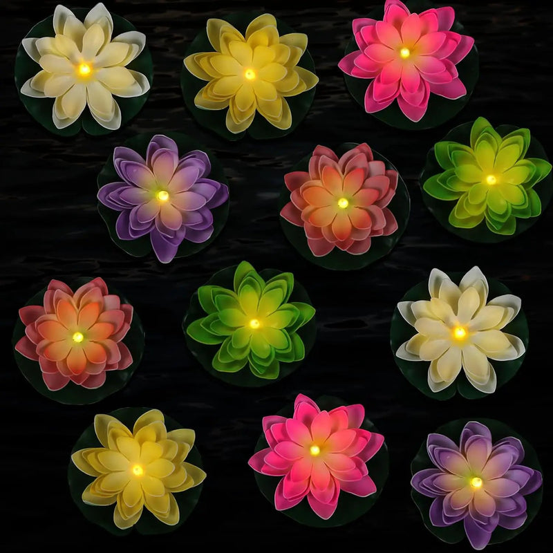 12 PCS Waterproof Floating Lotus Light - Diwali Floating Flower Light Battery Operated Water Activated Warm White Light Pool Flower Lamp Wedding,Anniversary,Garden Decoration(6 Inch, Mix-Color) by GreenHaven Gardens
