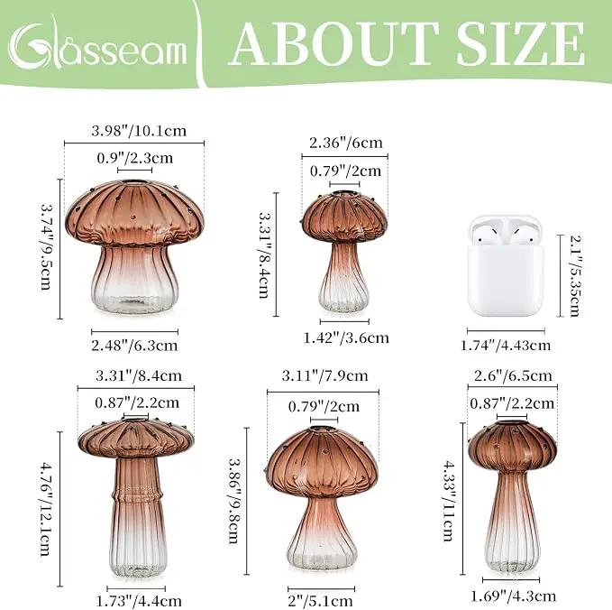 Glasseam Mushroom Plant Propagation Stations: Amber Glass Terrarium Jar Set of 5 Cute Planters for Indoor Plants Mini Propagate Station Unique Christmas Birthday Gifts for Women Home Office Decor by GreenHaven Gardens