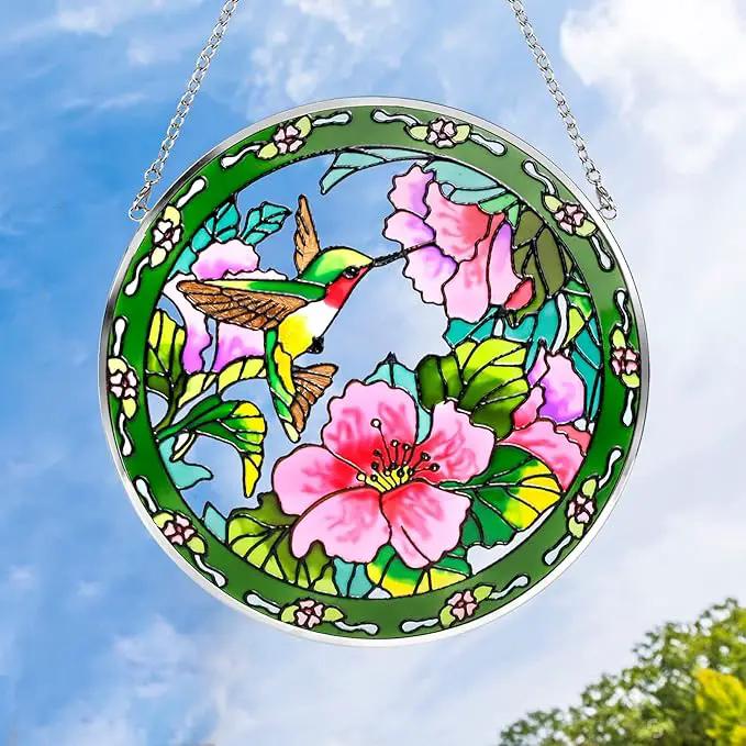 Suncatcher Stained Glass,100% Stained Glass Window Hanging,Hummingbird Sun Catchers Indoor Window Decor,Suncatchers for Windows Hanging, Stained Glass suncatcher Gifts for Women、Christmas (6.5 inch) by GreenHaven Gardens