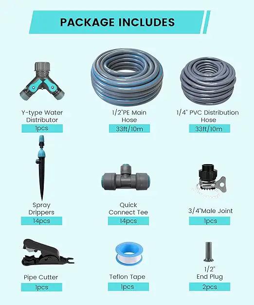 Automatic Drip Irrigation Kits with Y-Type Distribution Tubing, 14 Drip and Spray Integrated Nozzles, 33ft PE Main Tube, and 33ft PVC Branch Tubing for Garden, Patio, and Greenhouse by GreenHaven Gardens