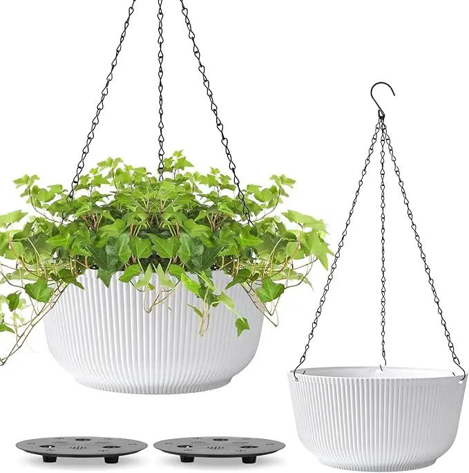 T4U 12 Inch Large Hanging Planters for Outdoor Plants, 2 Pack Self Watering Hanging Pots Indoor, Hanging Baskets for Plants,Hanging Flower Pot with Drainage Hole and Plant Hanger, White by GreenHaven Gardens