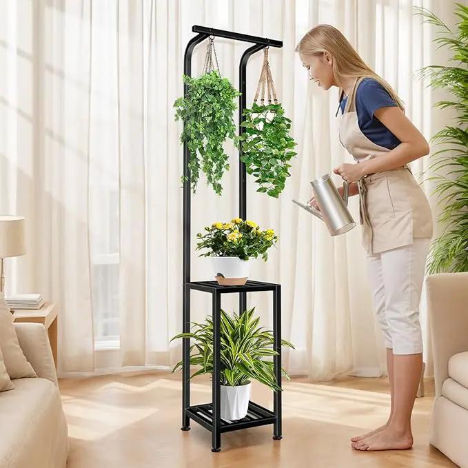 Plant Stand Indoor Outdoor, 65" Tall Plant Stand Outdoor 3 Tiered Hanging Plant Shelf Heavy Duty Flower Stand Multiple Plant Metal Display Rack for Living Room Garden Balcony by GreenHaven Gardens